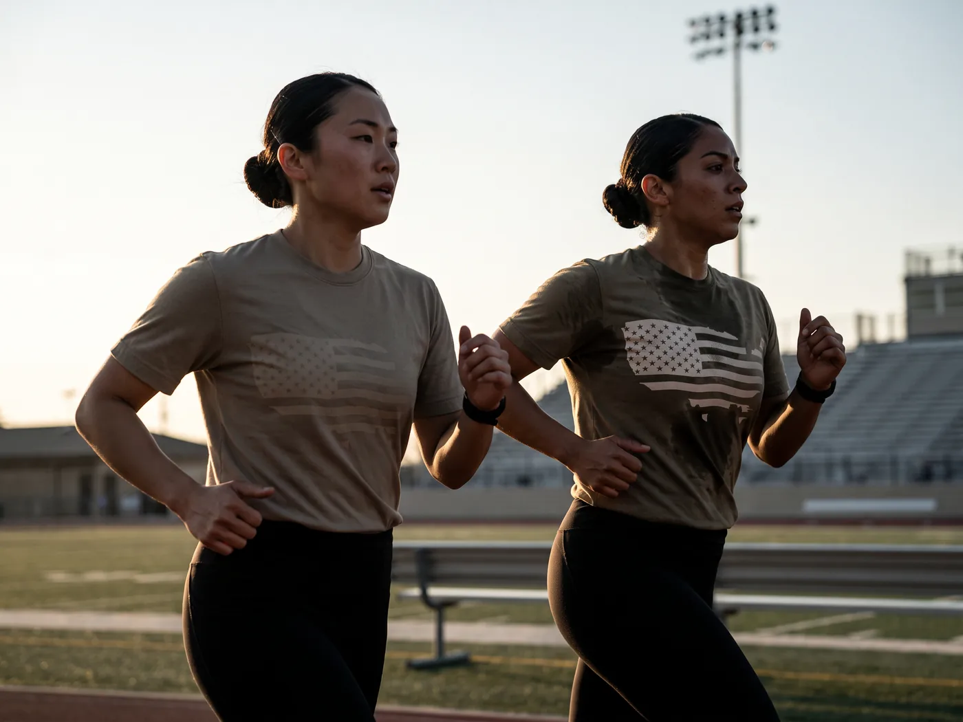 Two servicewomen running at dawn in the Covert and Subtle tees