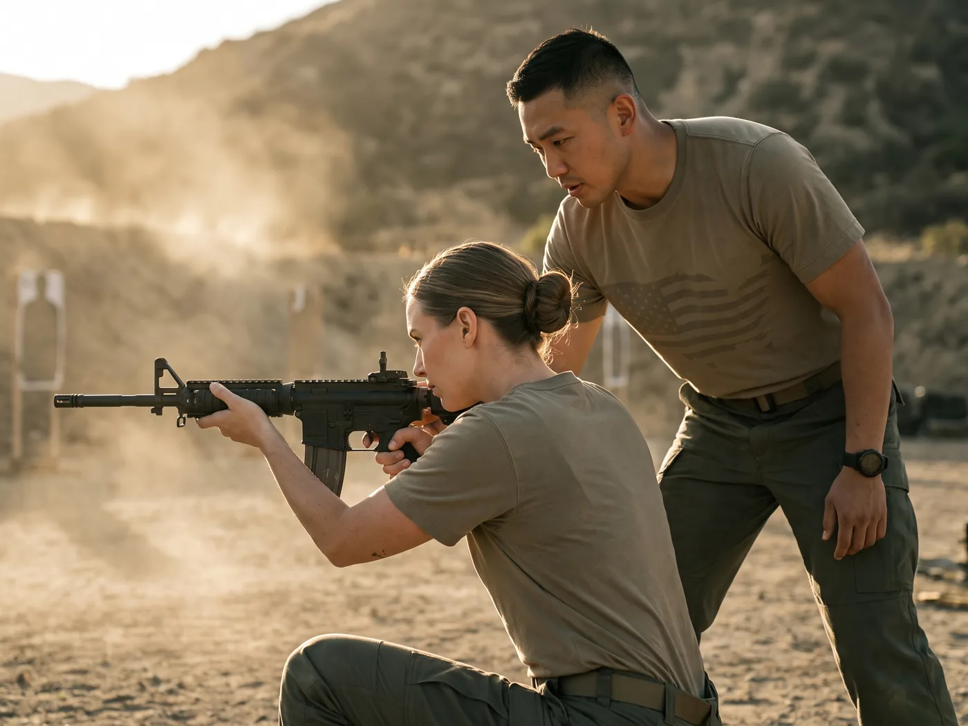 Two service members training at an outdoor range in the flag tee