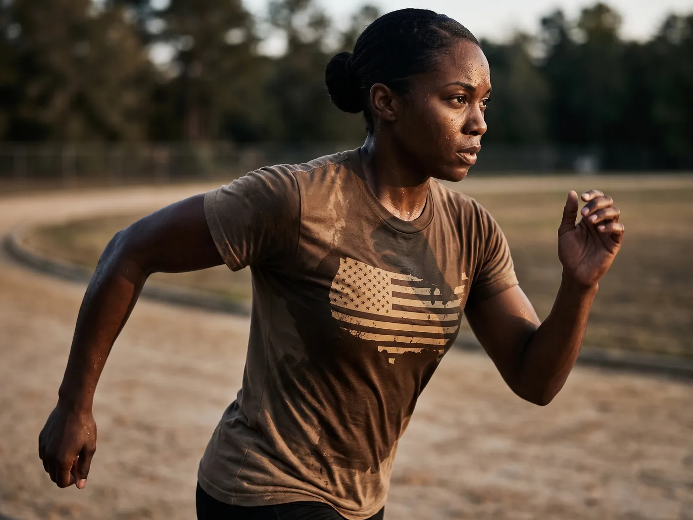Servicewoman sprinting, the flag surfacing on her sweat-soaked covert tee