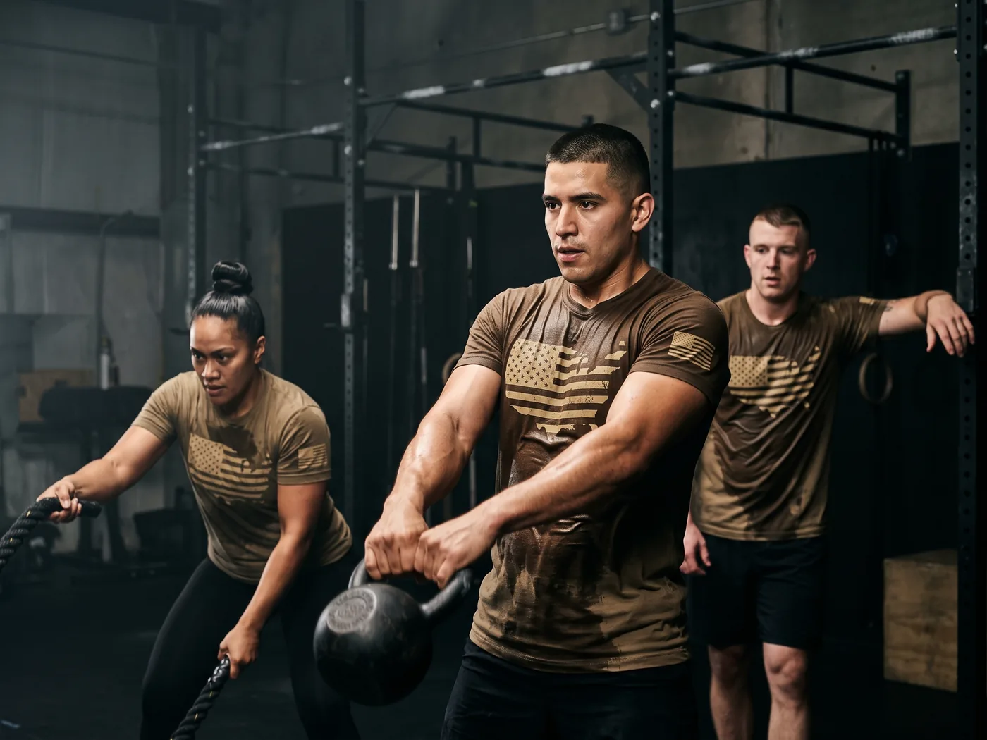 Three athletes mid-workout in a CrossFit box wearing the flag tee