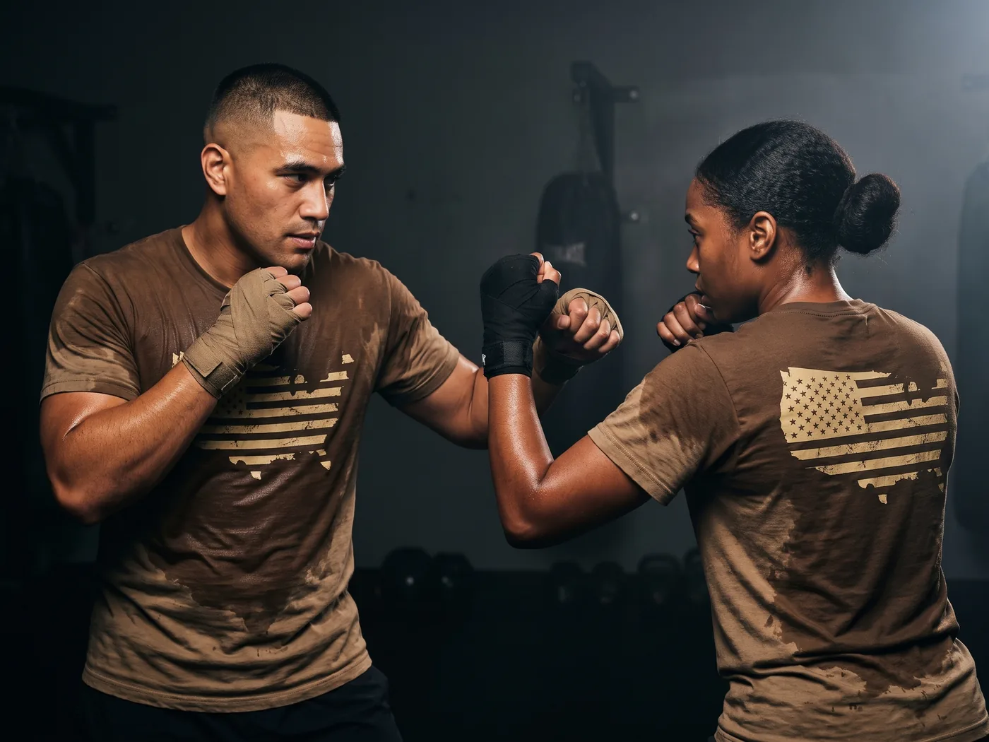 Two service members training combatives in the covert flag tee