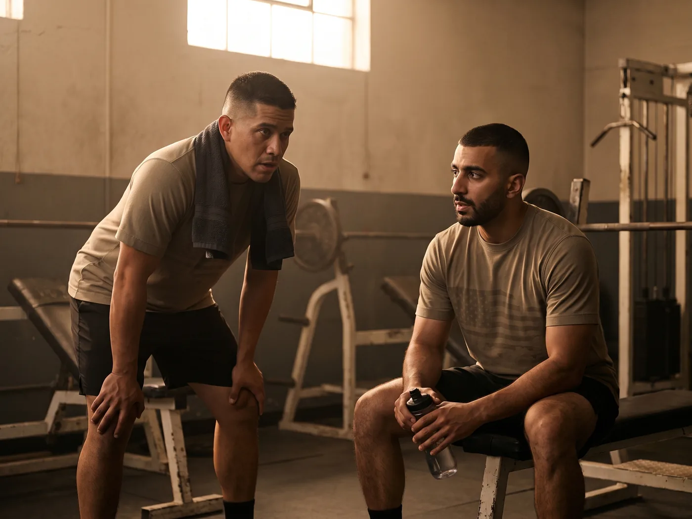 Two service members cooling down in the subtle tonal flag tee